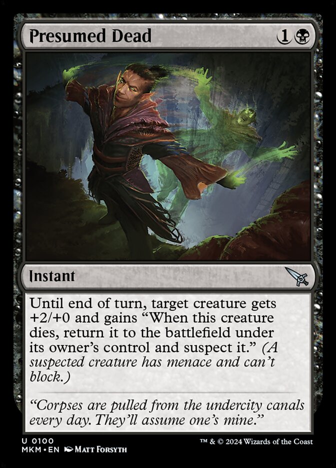 This Is An Image Of The Magic The Gathering Card Presumed Dead From The Set Murders at Karlov Manor - Designed By Artist Matt Forsyth