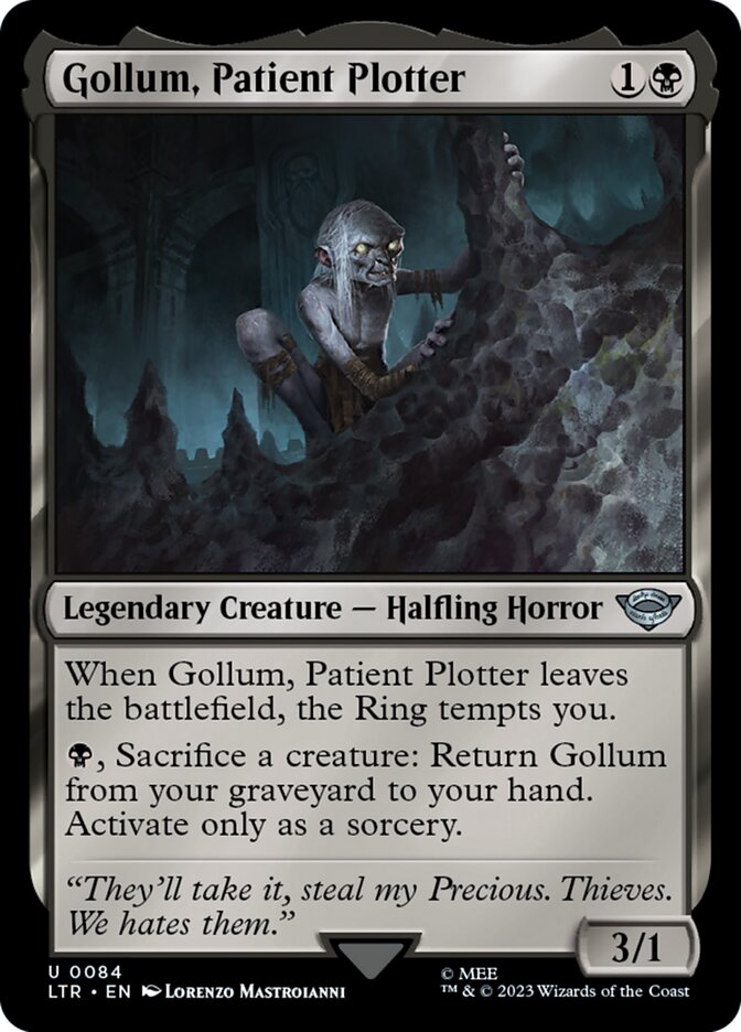 This Is An Image Of The Magic The Gathering Card Gollum, Patient Plotter From The Set The Lord of the Rings: Tales of Middle-earth - Designed By Artist Lorenzo Mastroianni