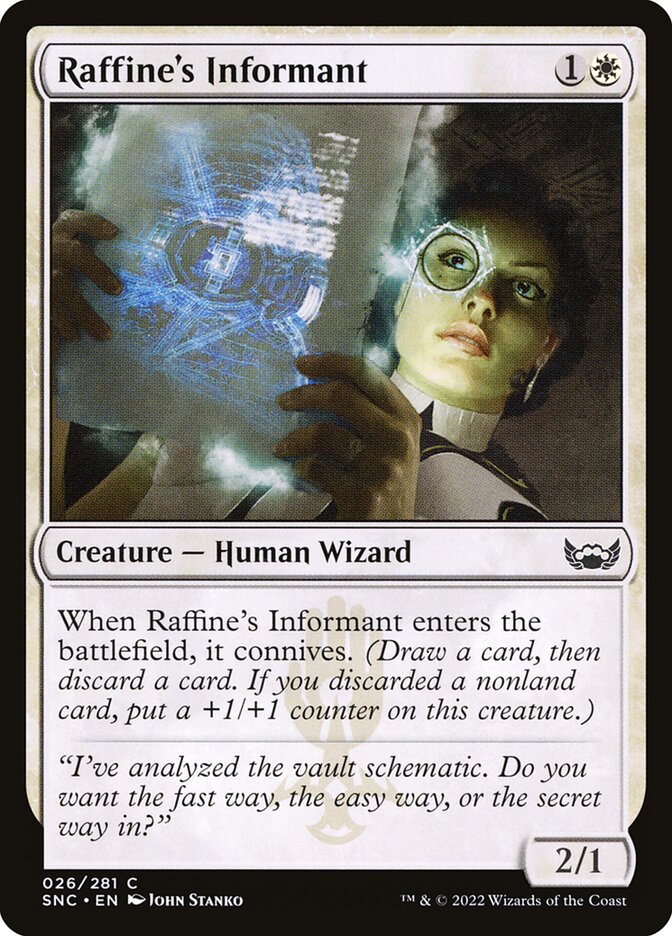 This Is An Image Of The Magic The Gathering Card Raffine's Informant From The Set Streets of New Capenna - Designed By Artist John Stanko