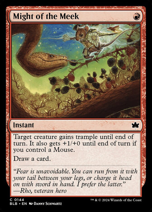 This Is An Image Of The Magic The Gathering Card Might of the Meek From The Set Bloomburrow - Designed By Artist Danny Schwartz