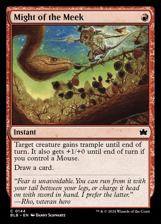 This Is An Image Of The Magic The Gathering Card Might of the Meek From The Set Bloomburrow - Designed By Artist Danny Schwartz