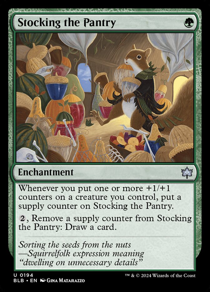 This Is An Image Of The Magic The Gathering Card Stocking the Pantry From The Set Bloomburrow - Designed By Artist Gina Matarazzo