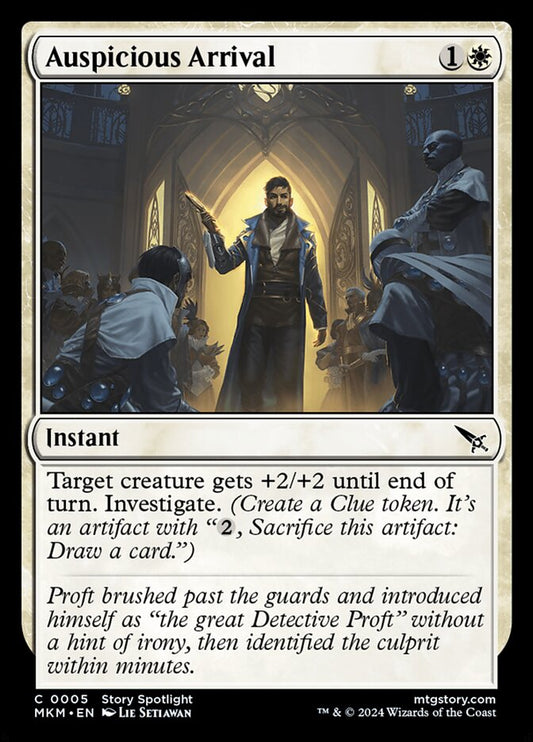 This Is An Image Of The Magic The Gathering Card Auspicious Arrival From The Set Murders at Karlov Manor - Designed By Artist Lie Setiawan