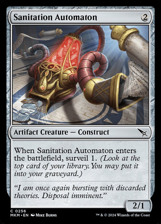 This Is An Image Of The Magic The Gathering Card Sanitation Automaton From The Set Murders at Karlov Manor - Designed By Artist Mike Burns