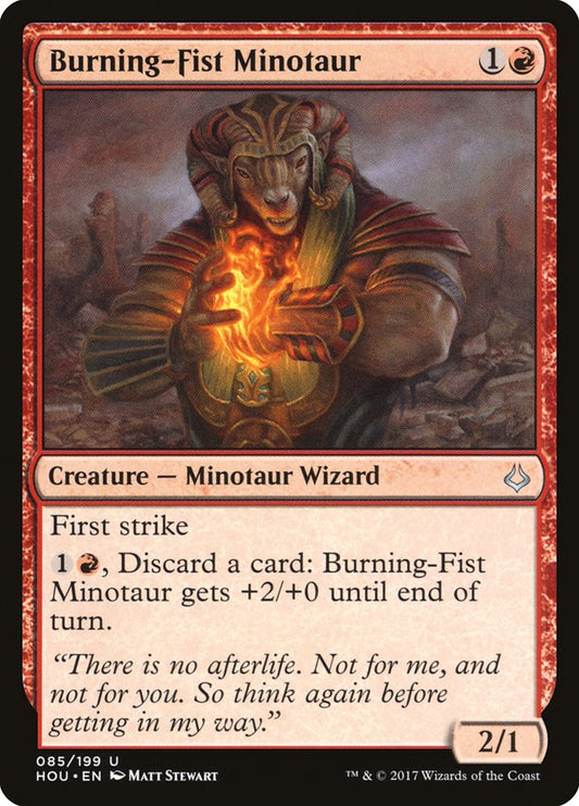 This Is An Image Of The Magic The Gathering Card Burning-Fist Minotaur From The Set Hour of Devastation - Designed By Artist Matt Stewart