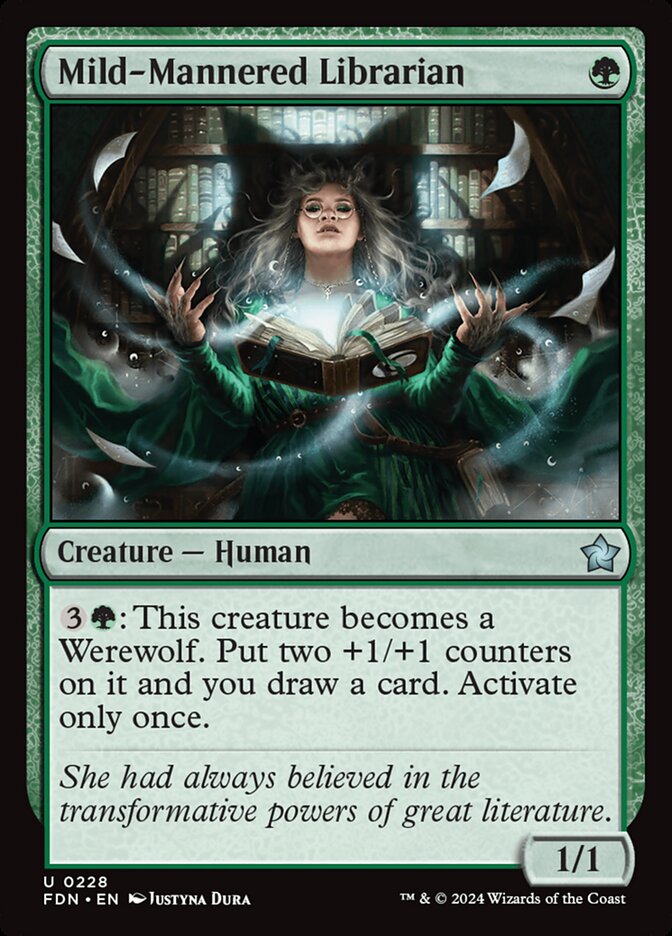 This Is An Image Of The Magic The Gathering Card Mild-Mannered Librarian From The Set Foundations - Designed By Artist Justyna Dura