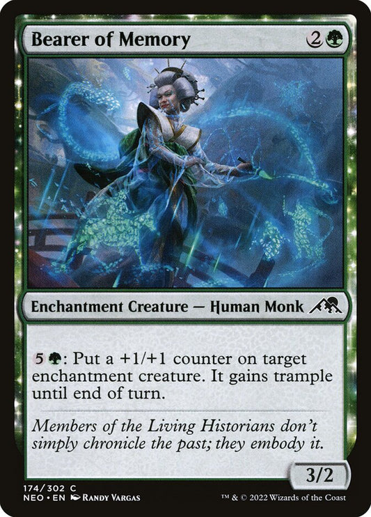 This Is An Image Of The Magic The Gathering Card Bearer of Memory From The Set Kamigawa: Neon Dynasty - Designed By Artist Randy Vargas