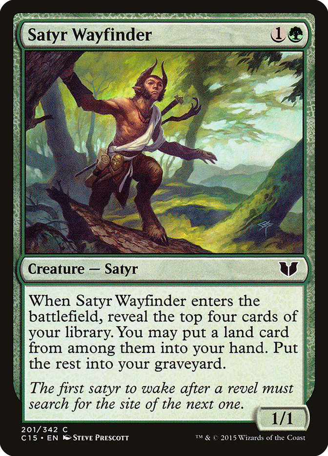 This Is An Image Of The Magic The Gathering Card Satyr Wayfinder From The Set Tarkir: Dragonstorm Commander - Designed By Artist Steve Prescott