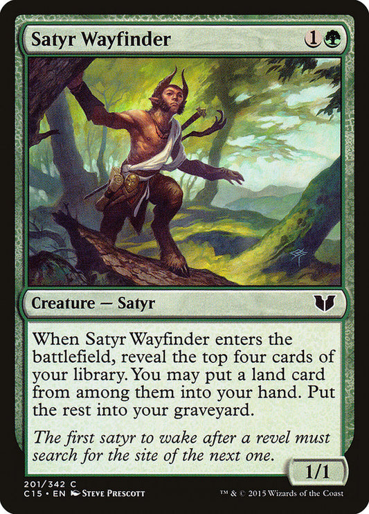 This Is An Image Of The Magic The Gathering Card Satyr Wayfinder From The Set Tarkir: Dragonstorm Commander - Designed By Artist Steve Prescott