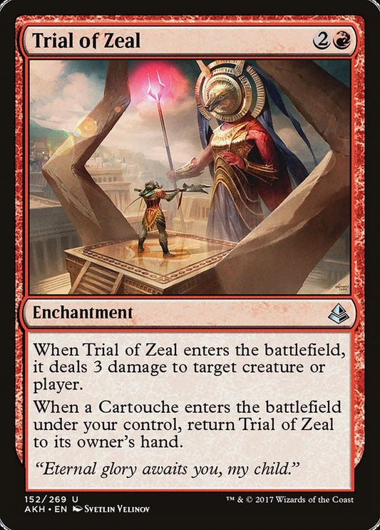 This Is An Image Of The Magic The Gathering Card Trial of Zeal From The Set Amonkhet - Designed By Artist Svetlin Velinov
