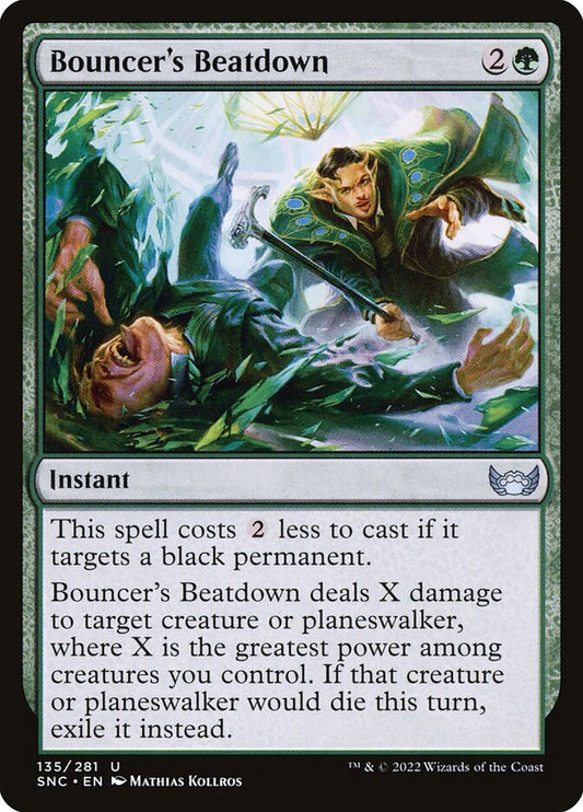 This Is An Image Of The Magic The Gathering Card Bouncer's Beatdown From The Set Streets of New Capenna - Designed By Artist Mathias Kollros