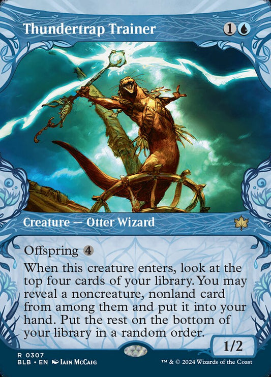 This Is An Image Of The Magic The Gathering Card Thundertrap Trainer From The Set Bloomburrow - Designed By Artist Matt Stewart