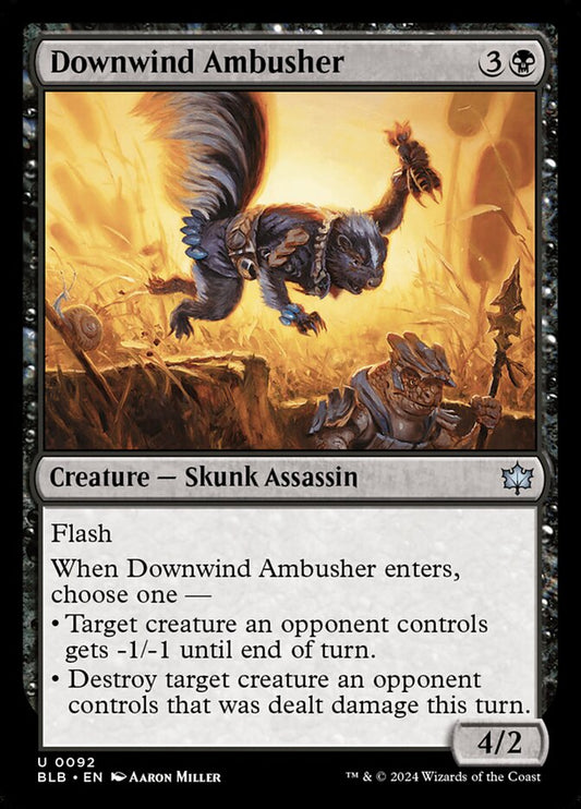 This Is An Image Of The Magic The Gathering Card Downwind Ambusher From The Set Bloomburrow - Designed By Artist Aaron Miller