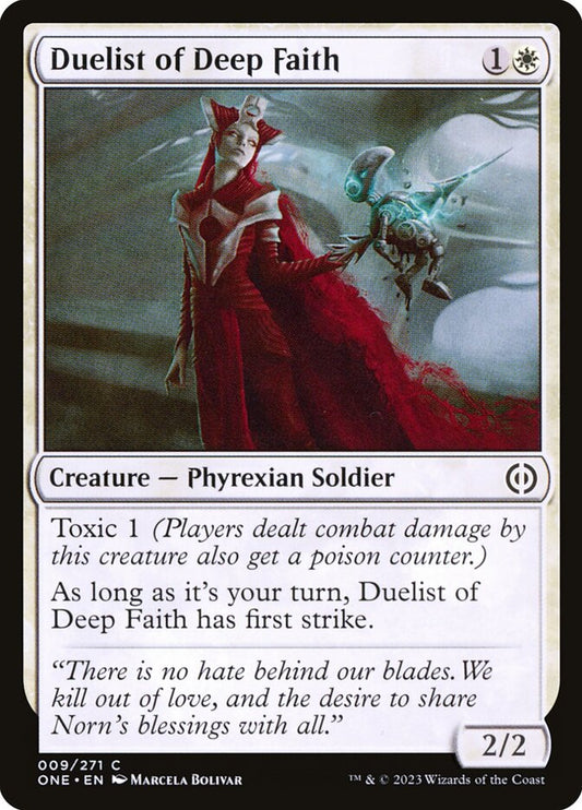 This Is An Image Of The Magic The Gathering Card Duelist of Deep Faith From The Set Phyrexia: All Will Be One - Designed By Artist Marcela Bolívar