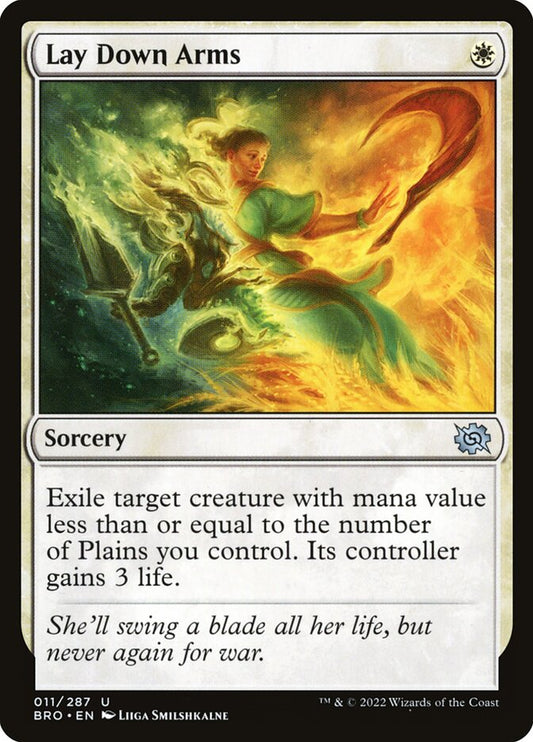 This Is An Image Of The Magic The Gathering Card Lay Down Arms From The Set The Brothers' War - Designed By Artist Liiga Smilshkalne