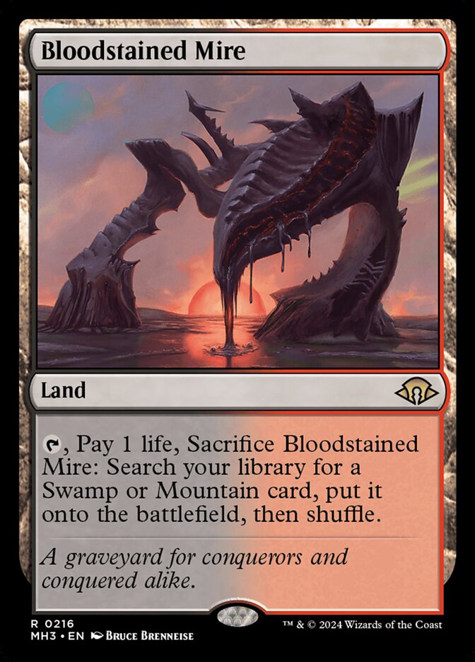 This Is An Image Of The Magic The Gathering Card Bloodstained Mire From The Set Modern Horizons 3 - Designed By Artist Bruce Brenneise