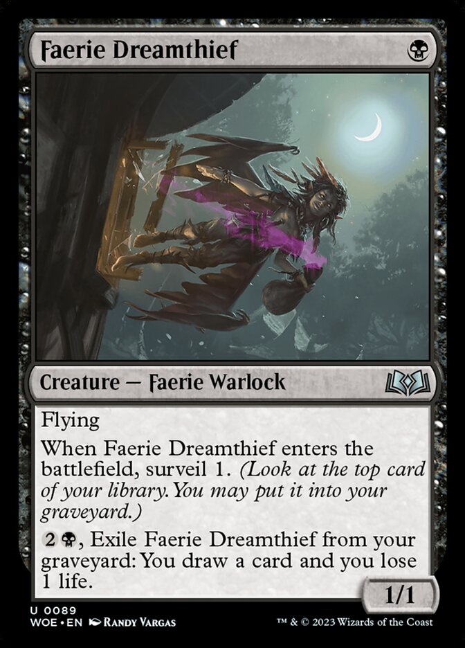 This Is An Image Of The Magic The Gathering Card Faerie Dreamthief From The Set Wilds of Eldraine - Designed By Artist Randy Vargas