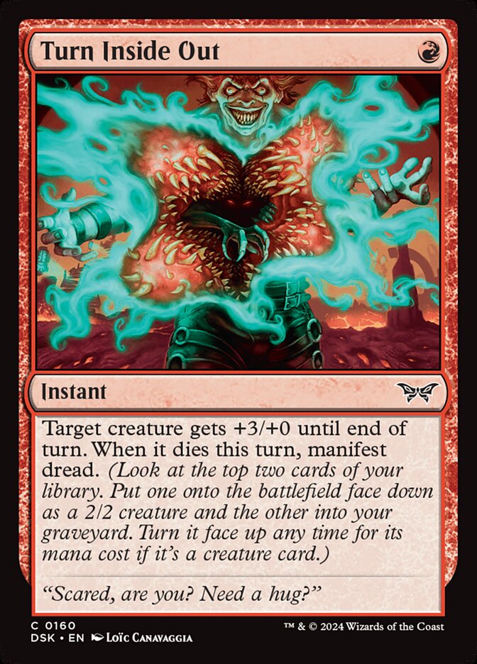 This Is An Image Of The Magic The Gathering Card Turn Inside Out From The Set Duskmourn: House of Horror - Designed By Artist Loïc Canavaggia