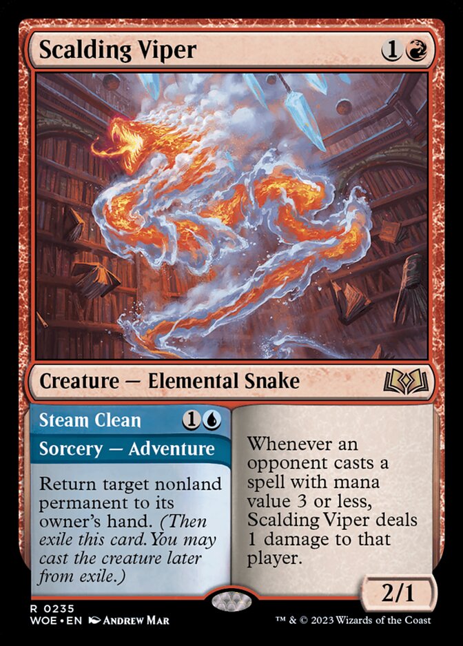 This Is An Image Of The Magic The Gathering Card Scalding Viper // Steam Clean From The Set Wilds of Eldraine - Designed By Artist Andrew Mar