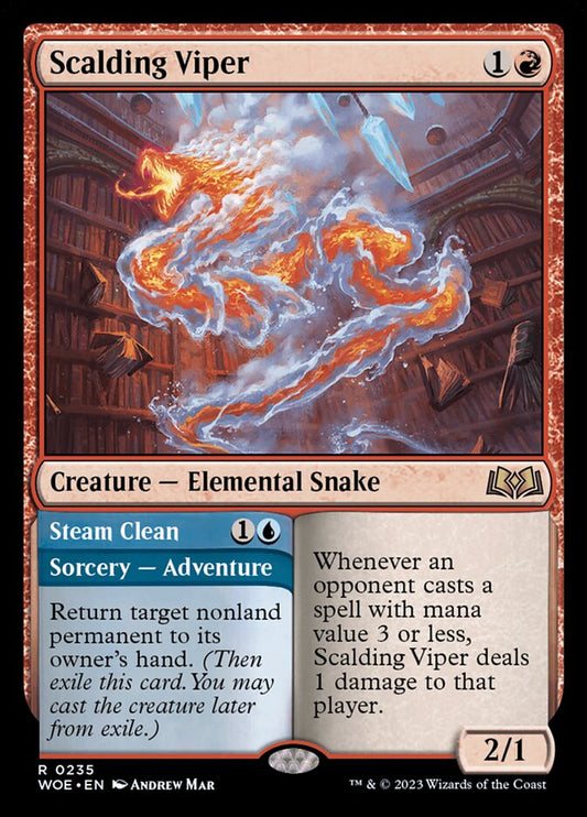 This Is An Image Of The Magic The Gathering Card Scalding Viper // Steam Clean From The Set Wilds of Eldraine - Designed By Artist Andrew Mar