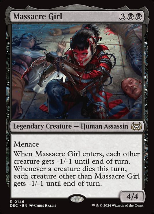 This Is An Image Of The Magic The Gathering Card Massacre Girl From The Set Duskmourn: House of Horror Commander - Designed By Artist Chris Rallis