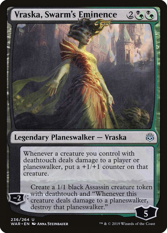This Is An Image Of The Magic The Gathering Card Vraska, Swarm's Eminence From The Set War of the Spark - Designed By Artist Anna Steinbauer