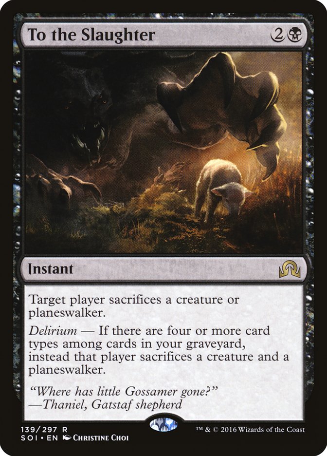 This Is An Image Of The Magic The Gathering Card To the Slaughter From The Set Shadows over Innistrad - Designed By Artist Christine Choi