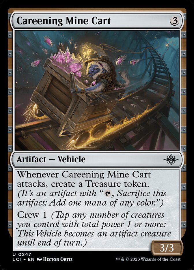 This Is An Image Of The Magic The Gathering Card Careening Mine Cart From The Set The Lost Caverns of Ixalan - Designed By Artist Hector Ortiz