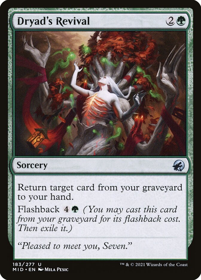 This Is An Image Of The Magic The Gathering Card Dryad's Revival From The Set Innistrad: Midnight Hunt - Designed By Artist Mila Pesic
