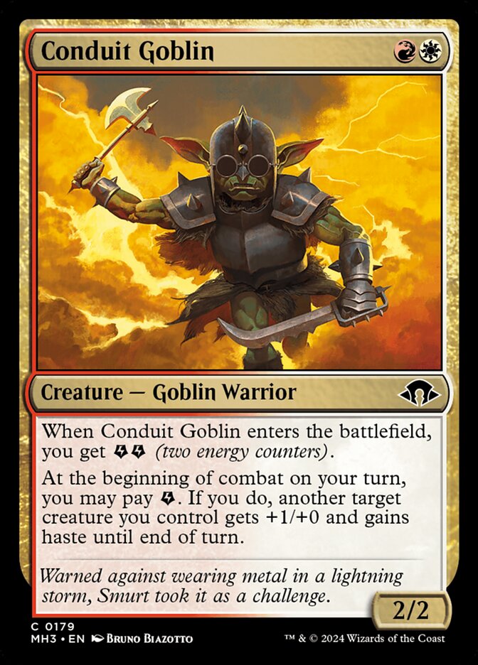This Is An Image Of The Magic The Gathering Card Conduit Goblin From The Set Modern Horizons 3 - Designed By Artist Bruno Biazotto