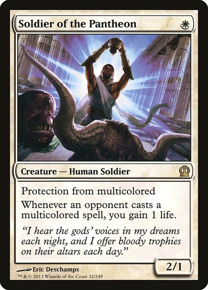 This Is An Image Of The Magic The Gathering Card Soldier of the Pantheon From The Set Theros - Designed By Artist Eric Deschamps