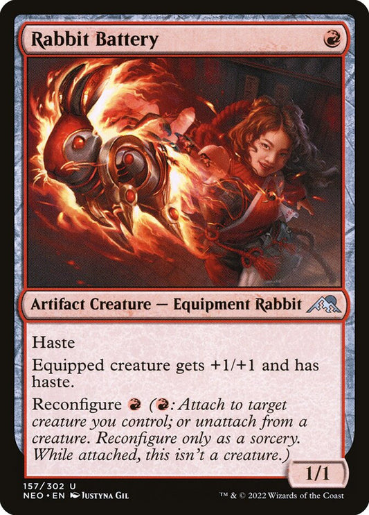 This Is An Image Of The Magic The Gathering Card Rabbit Battery From The Set Kamigawa: Neon Dynasty - Designed By Artist Justyna Dura