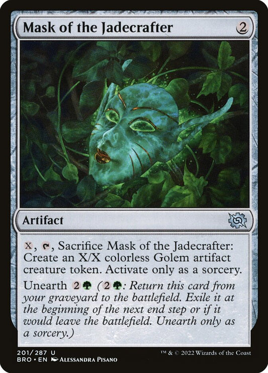 This Is An Image Of The Magic The Gathering Card Mask of the Jadecrafter From The Set The Brothers' War - Designed By Artist Alessandra Pisano