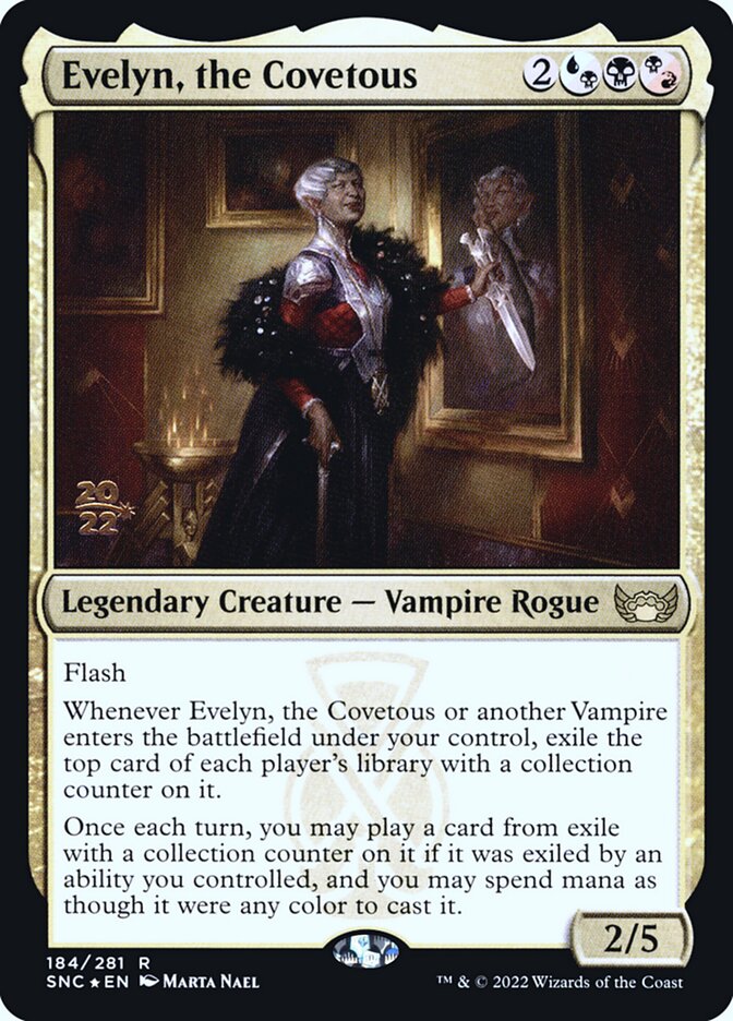 This Is An Image Of The Magic The Gathering Card Evelyn, the Covetous From The Set Streets of New Capenna - Designed By Artist Marta Nael