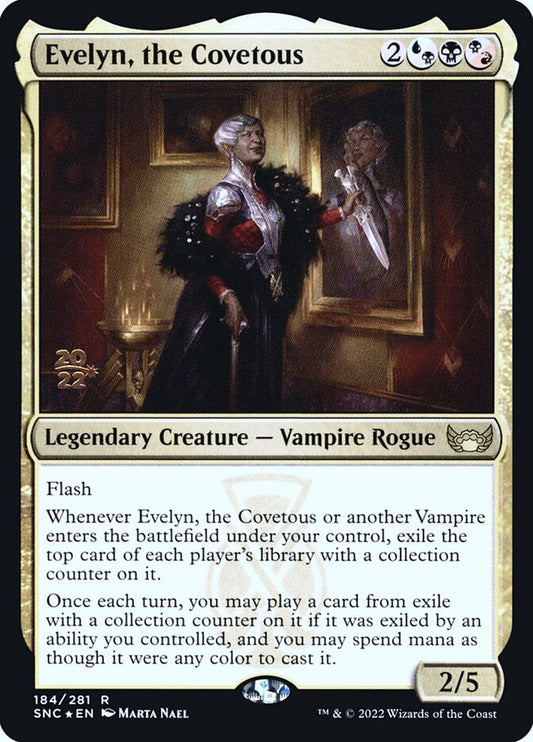 This Is An Image Of The Magic The Gathering Card Evelyn, the Covetous From The Set Streets of New Capenna - Designed By Artist Marta Nael