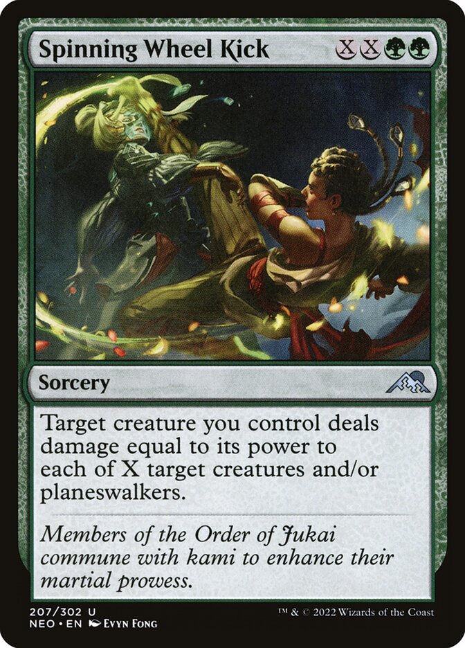 This Is An Image Of The Magic The Gathering Card Spinning Wheel Kick From The Set Kamigawa: Neon Dynasty - Designed By Artist Evyn Fong