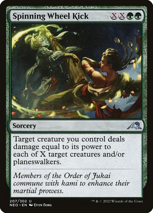 This Is An Image Of The Magic The Gathering Card Spinning Wheel Kick From The Set Kamigawa: Neon Dynasty - Designed By Artist Evyn Fong