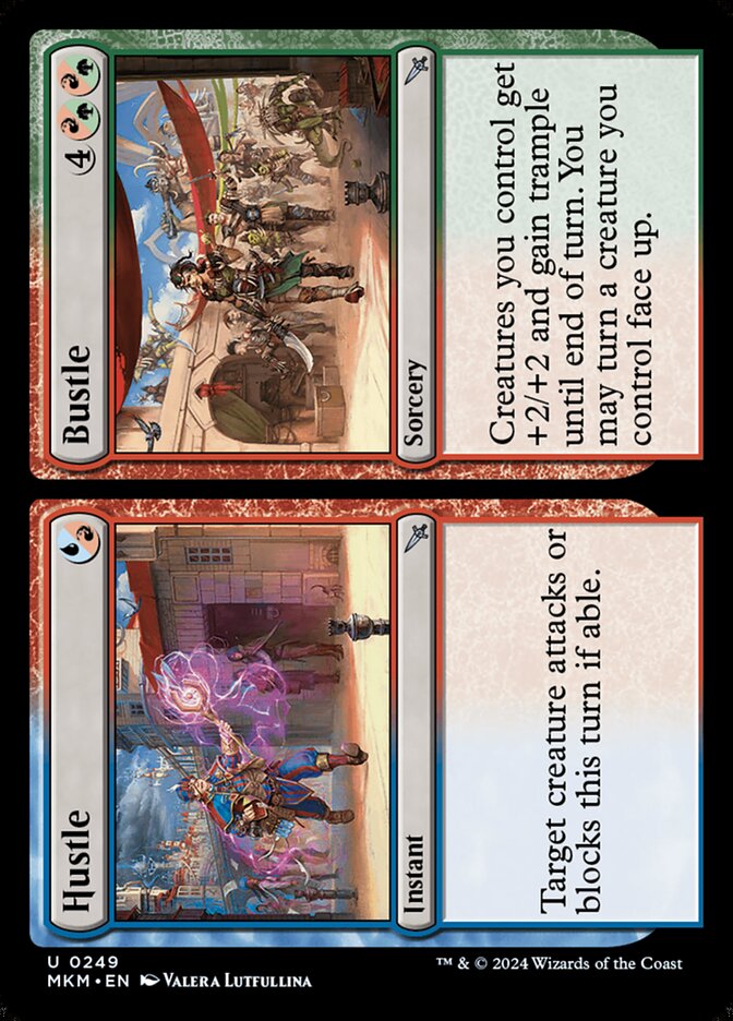 This Is An Image Of The Magic The Gathering Card Hustle // Bustle From The Set Murders at Karlov Manor - Designed By Artist Valera Lutfullina