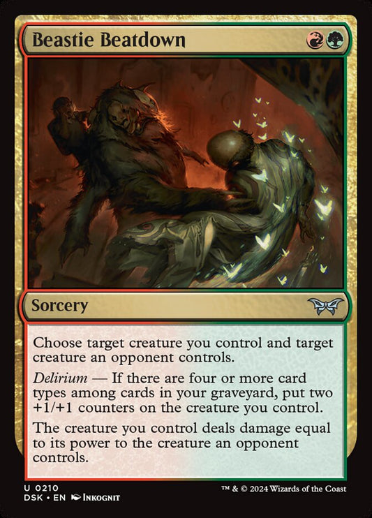 This Is An Image Of The Magic The Gathering Card Beastie Beatdown From The Set Duskmourn: House of Horror - Designed By Artist Inkognit