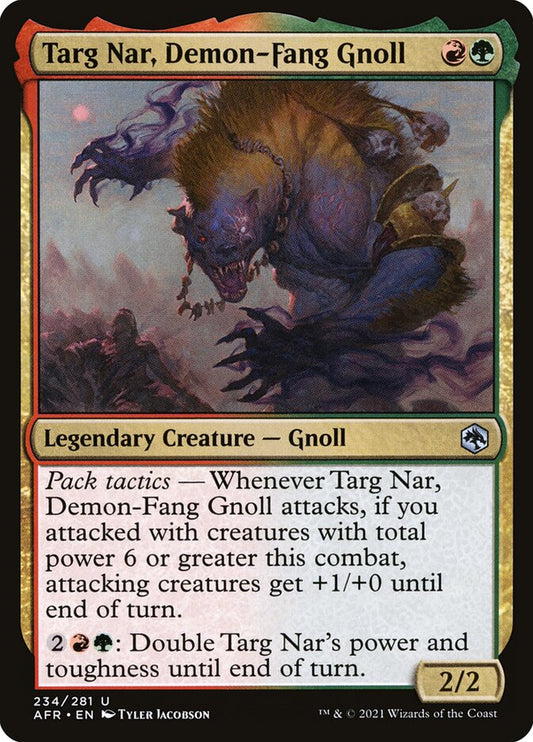 This Is An Image Of The Magic The Gathering Card Targ Nar, Demon-Fang Gnoll From The Set Adventures in the Forgotten Realms - Designed By Artist Tyler Jacobson
