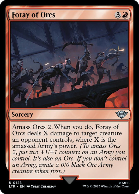 This Is An Image Of The Magic The Gathering Card Foray of Orcs From The Set The Lord of the Rings: Tales of Middle-earth - Designed By Artist Yuriy Chemezov