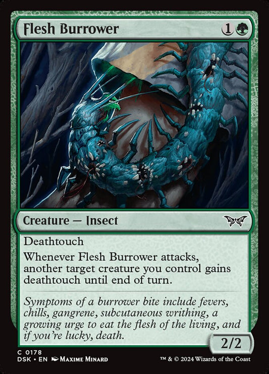 This Is An Image Of The Magic The Gathering Card Flesh Burrower From The Set Duskmourn: House of Horror - Designed By Artist Maxime Minard