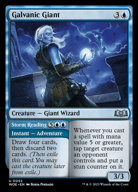 This Is An Image Of The Magic The Gathering Card Galvanic Giant // Storm Reading From The Set Wilds of Eldraine - Designed By Artist Borja Pindado
