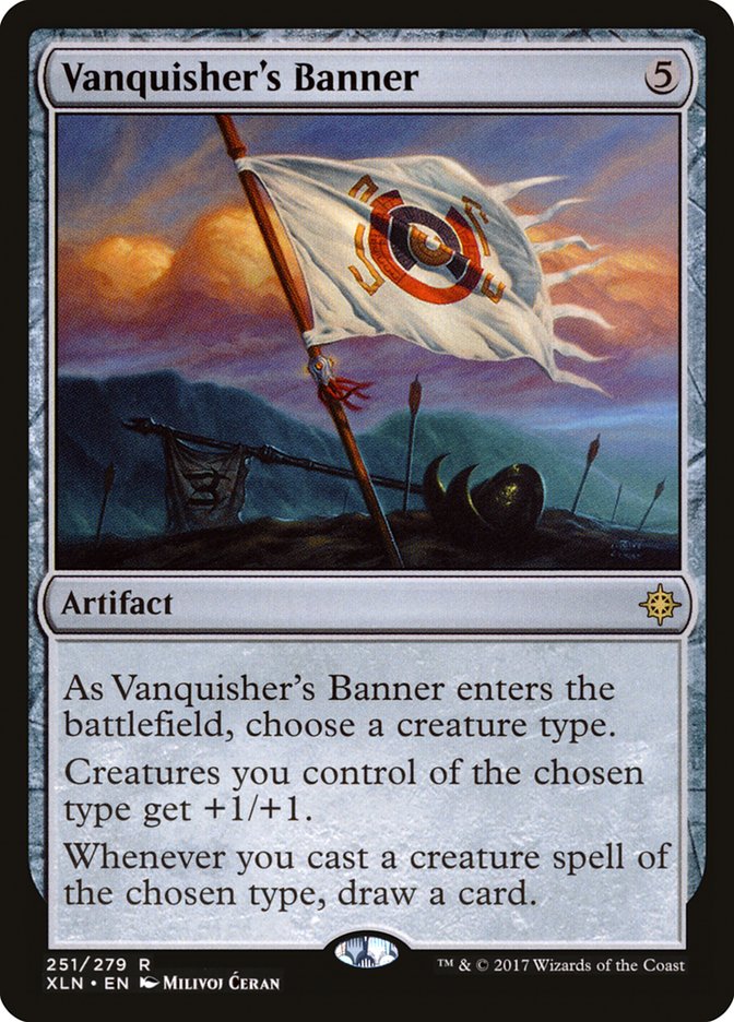 This Is An Image Of The Magic The Gathering Card Vanquisher's Banner From The Set The Lost Caverns of Ixalan Commander - Designed By Artist Milivoj Ćeran