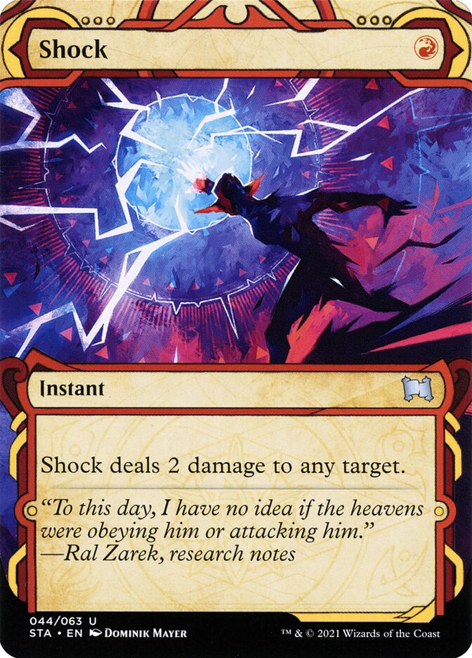 This Is An Image Of The Magic The Gathering Card Shock From The Set Murders at Karlov Manor - Designed By Artist Eric Wilkerson