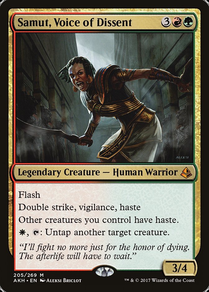 This Is An Image Of The Magic The Gathering Card Samut, Voice of Dissent From The Set Amonkhet - Designed By Artist Aleksi Briclot