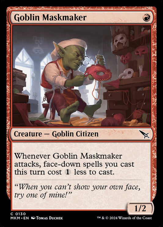 This Is An Image Of The Magic The Gathering Card Goblin Maskmaker From The Set Murders at Karlov Manor - Designed By Artist Tomas Duchek