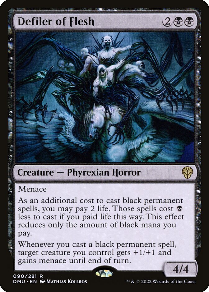 This Is An Image Of The Magic The Gathering Card Defiler of Flesh From The Set Dominaria United - Designed By Artist Mathias Kollros