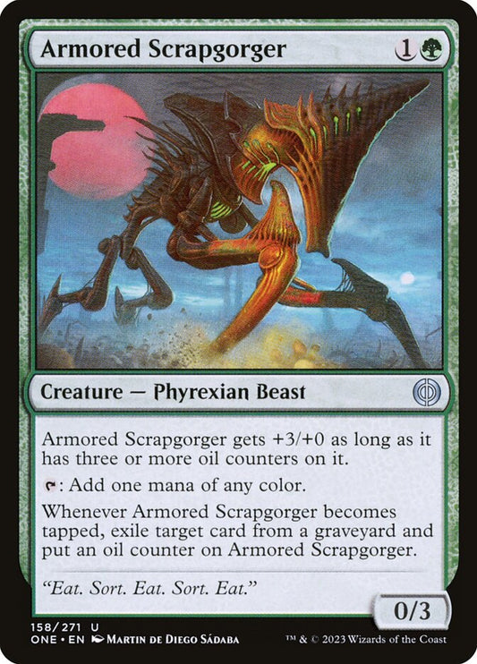This Is An Image Of The Magic The Gathering Card Armored Scrapgorger From The Set Phyrexia: All Will Be One - Designed By Artist Martin de Diego Sádaba