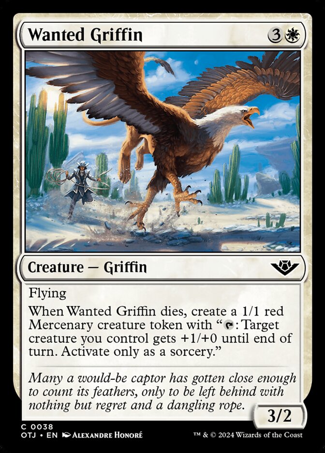 This Is An Image Of The Magic The Gathering Card Wanted Griffin From The Set Outlaws of Thunder Junction - Designed By Artist Alexandre Honoré
